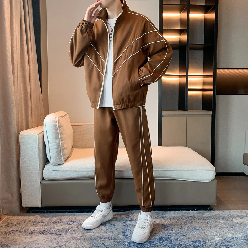 용수철 남성용 캐주얼 스포츠 세트, 라펠 지퍼 스웨트 셔츠, 카디건 재킷, 하이 스트리트 재킷 바지, 2 피스 세트 세트, 가을