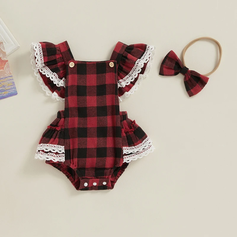 

0-18M Baby Girls Clothes Xmas Rompers Summer Casual Romper Flying Sleeve Lace Trim Plaid Bodys with Headband Clothing Set