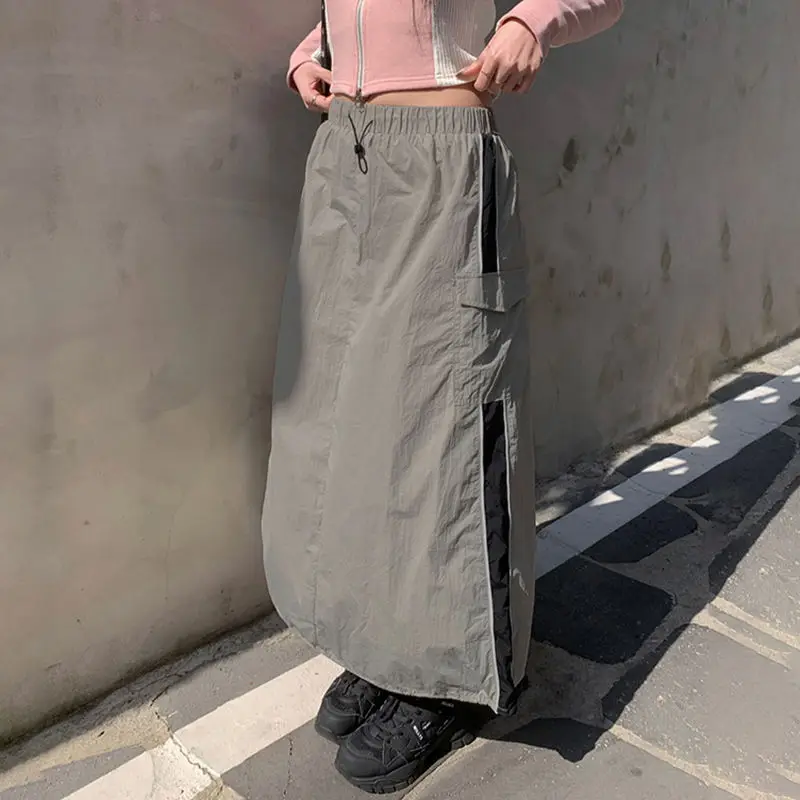 

HOUZHOU Long Cargo Skirt Women Harajuku High Waist Drawstring Pocket Side Stripe Patchwork Casual A-line Skirt Y2k Streetwear