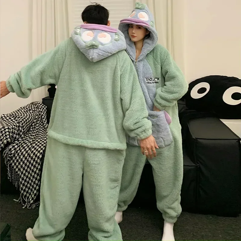 

Warm Men Soft Winter Lover Coral Jumpsuits Cartoon Couple Onesie Pajamas Kigurumis Fleece Pyjamas Pijama Women Sleepwear Thicken