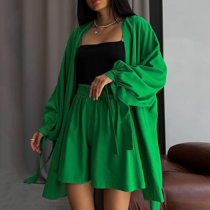 

Two Piece Sets Womens Outifits Leisure 2023 Autumn New Bubble Sleeve Loose Cardigan Long Sleeve Top & Sports Wide Leg Shorts Set