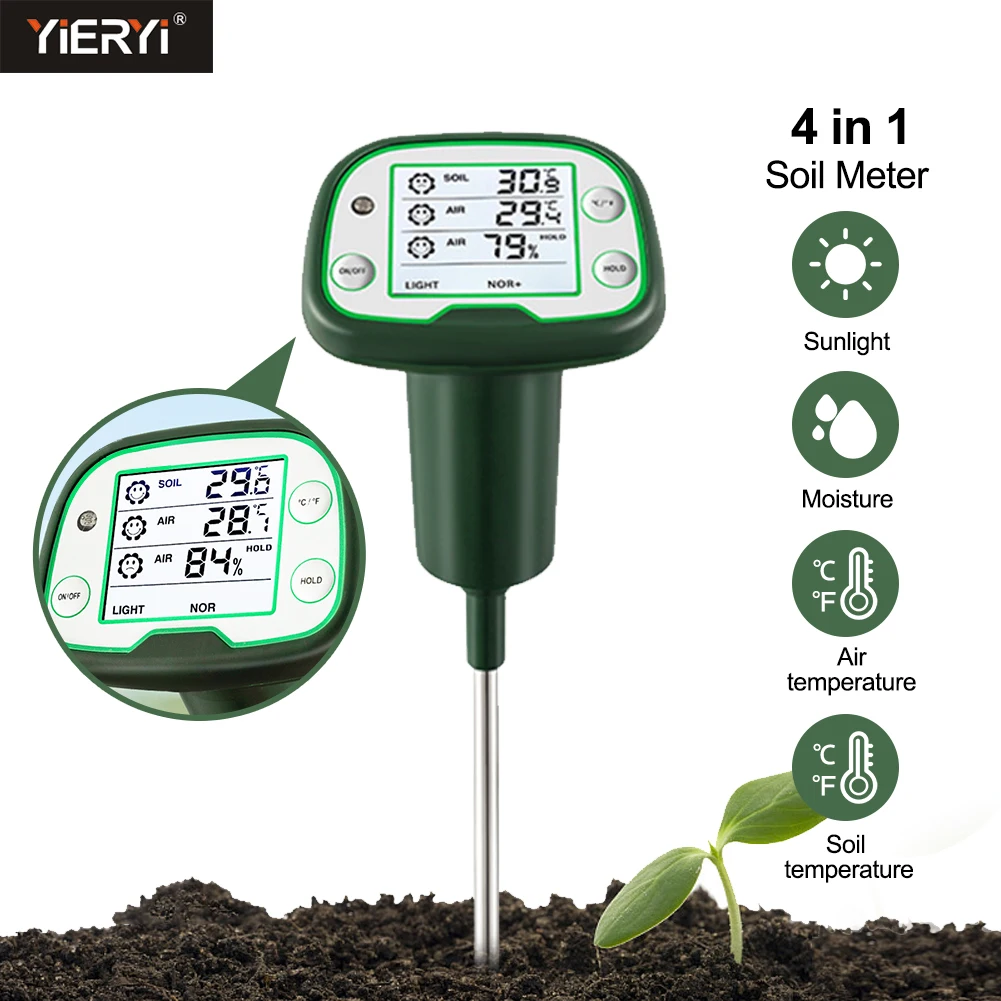 

Digital Soil Tester Sunlight Air Moisture Temp Meter Sensor Large Screen LCD Backlight Hygrometer for Flowers Planting Gardening