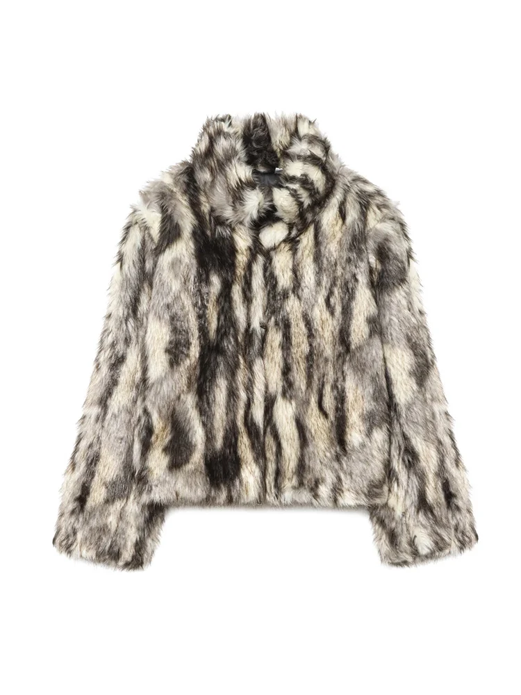 Women Chic Street Print Fur Coat 2025 Winter New Fashion Long Sleeve Warm Short Faux Fur Jacket Female Autumn Outerwear