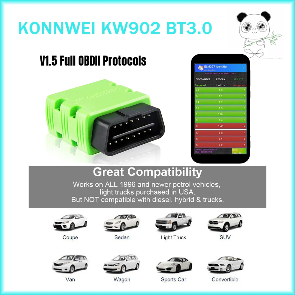 

KONNWEI KW902 ELM327 V1.5 OBD2 Scanner Bluetooth-compatible BT3 Auto Scan MINI ELM 327 OBD 2 KW902 Code Reader for Android Phone