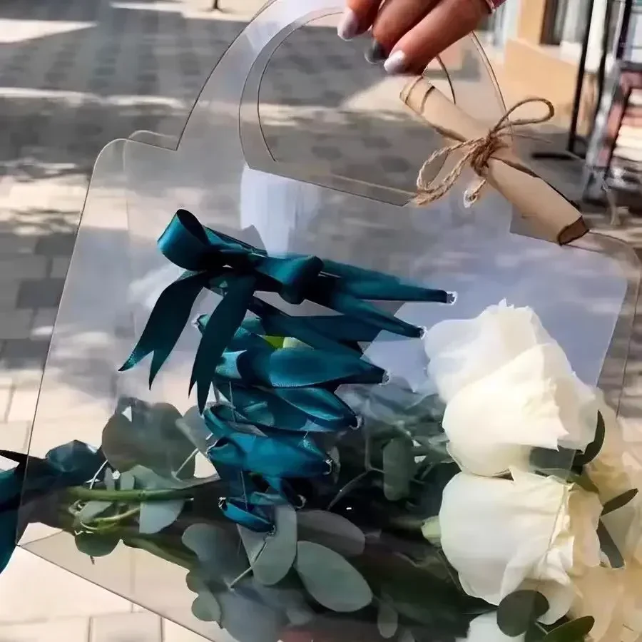 Rose Flower Plastic Sleeve Transparent Flower Packaging Carrier Bags Waterproof Tote Bag Mother's Day Gift Box