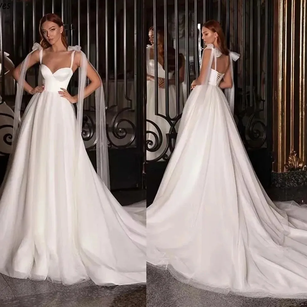 

Designer Bowknot Spaghetti Straps A Line Wedding Dresses Simple Boho Garden Sleeveless Plus Size Vestidos De Novia YD