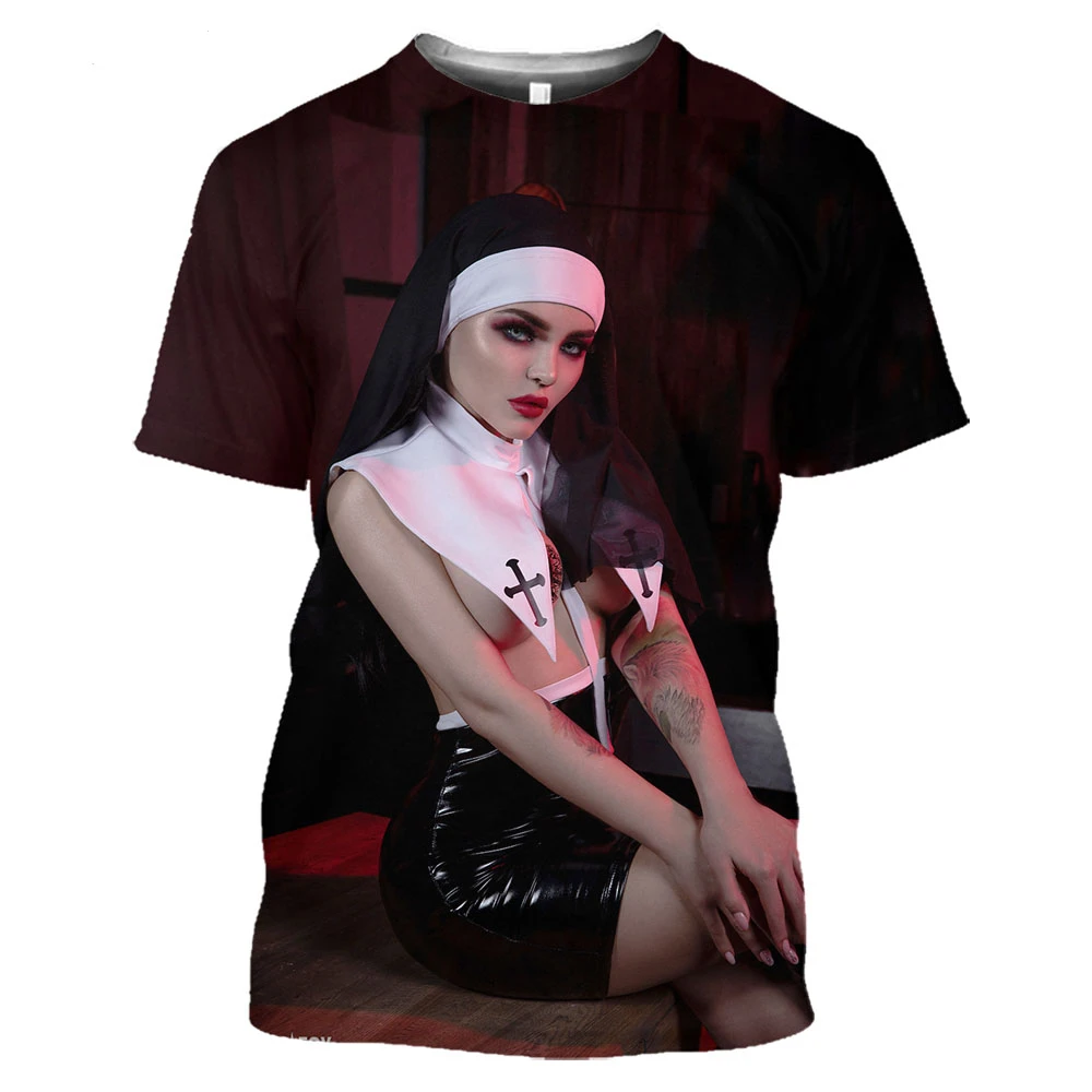 3D T Shirt Hot Sexy Nun Nonne Religieuse Pin Up Church of Satan Anton Lavey  Satanic Occult Goth Gothic Tees Hentai Girls Tops