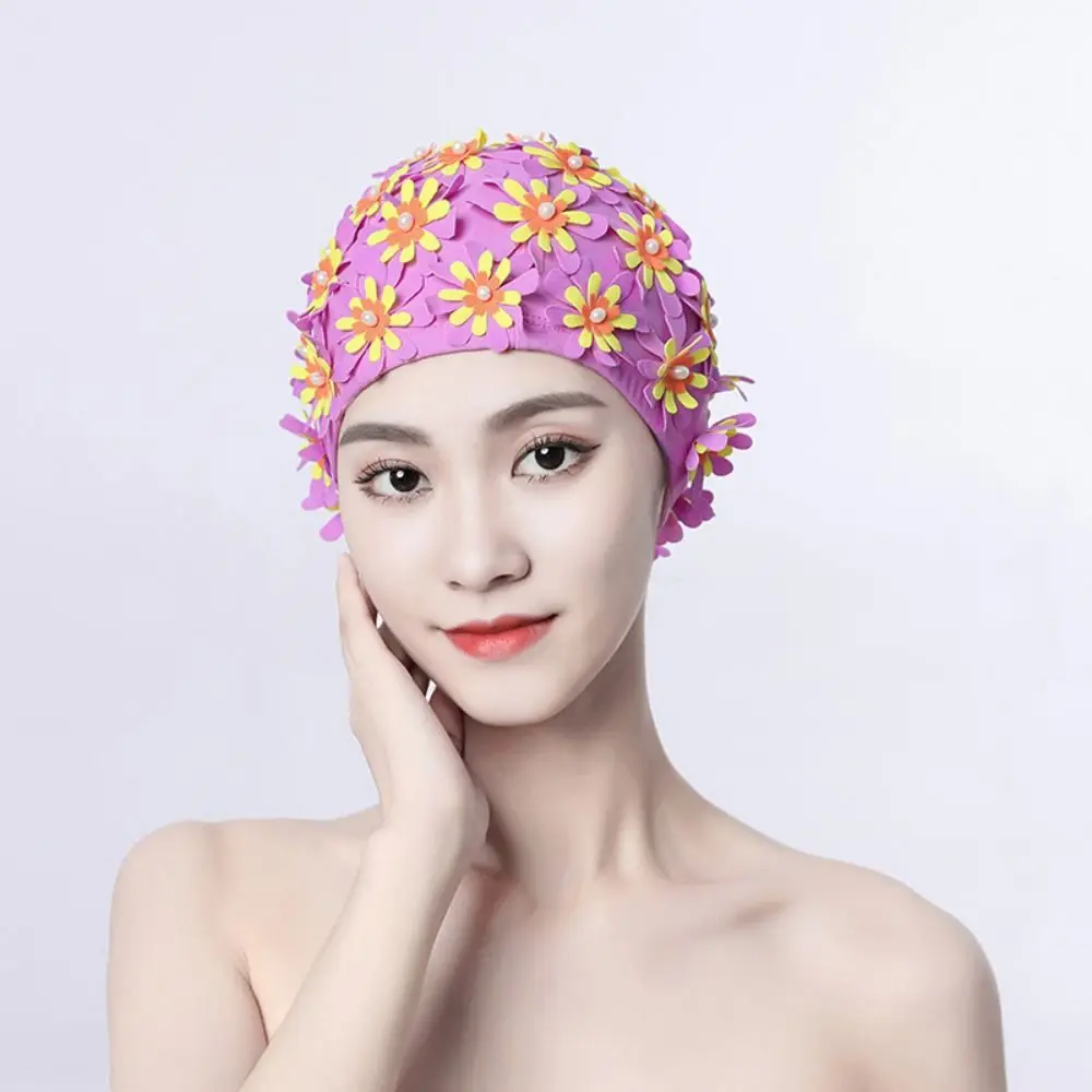 Pearl Floral Petal Swim Cap Flower Long Hair Swimming Cap Lightweight Vintage Style Flower Swimming Cap Water Sports 4