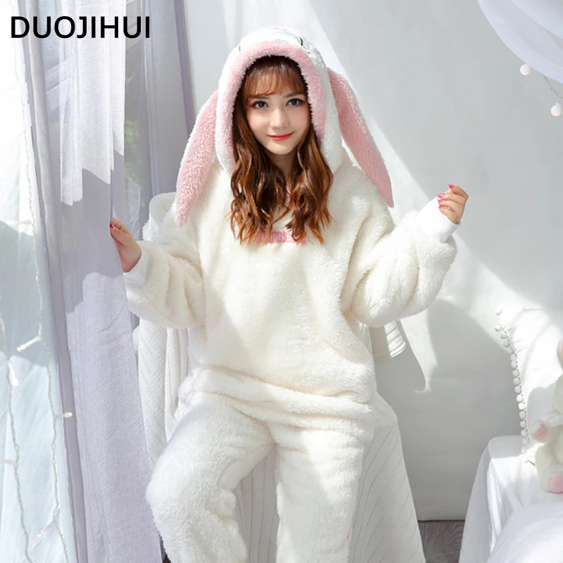 DUOJIHUI Cute Hooded Pure Color Loose Pajamas for Women Korean Style Winter Fashion Flannel Thick Warm Simple Female Pajamas Set