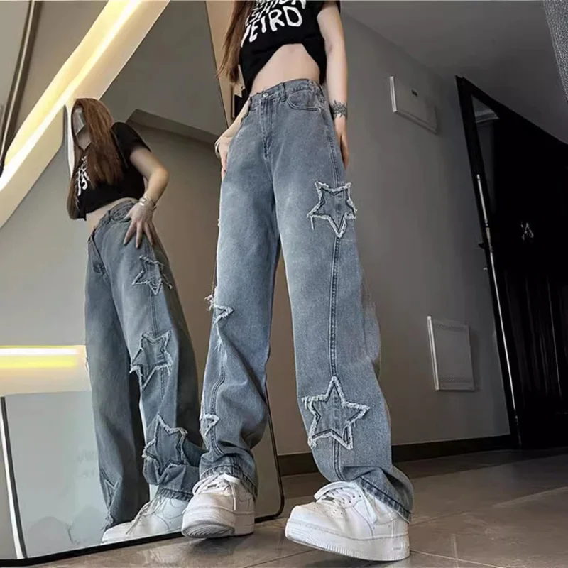

Американские состаренные джинсы в стиле ретро с высокой талией, новинка 2024, женские летние облегающие свободные прямые брюки в стиле хип-хоп со звездами