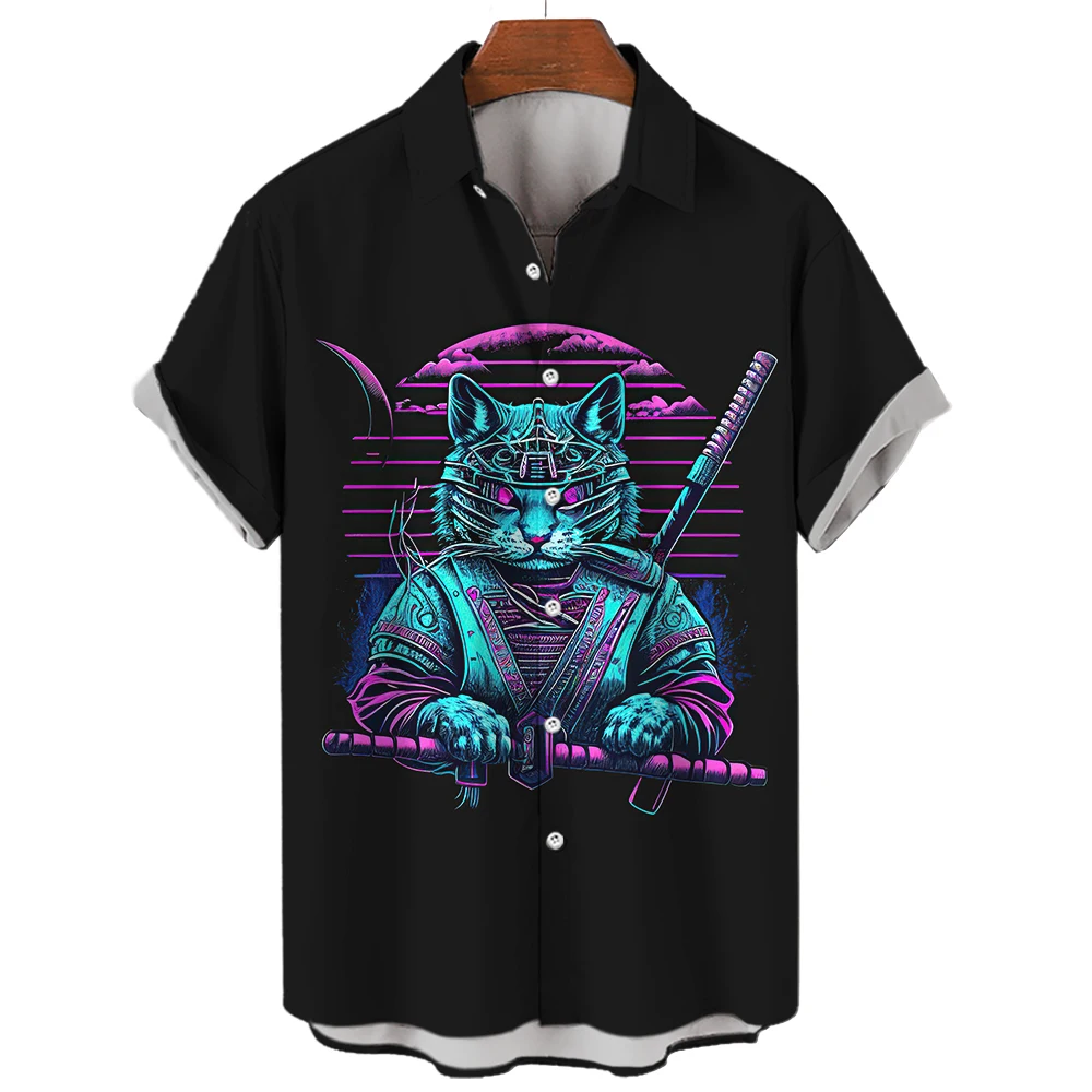 Men's Cat Pattern Swordsman Assassin Warrior Shirts Fitness Gym Clothing Men Robe Male Fashion Checked Blouse Hawaiian Dazn chinese character button tang suit show dress man clothing china traditional robe male costume peignoir chinese style robe