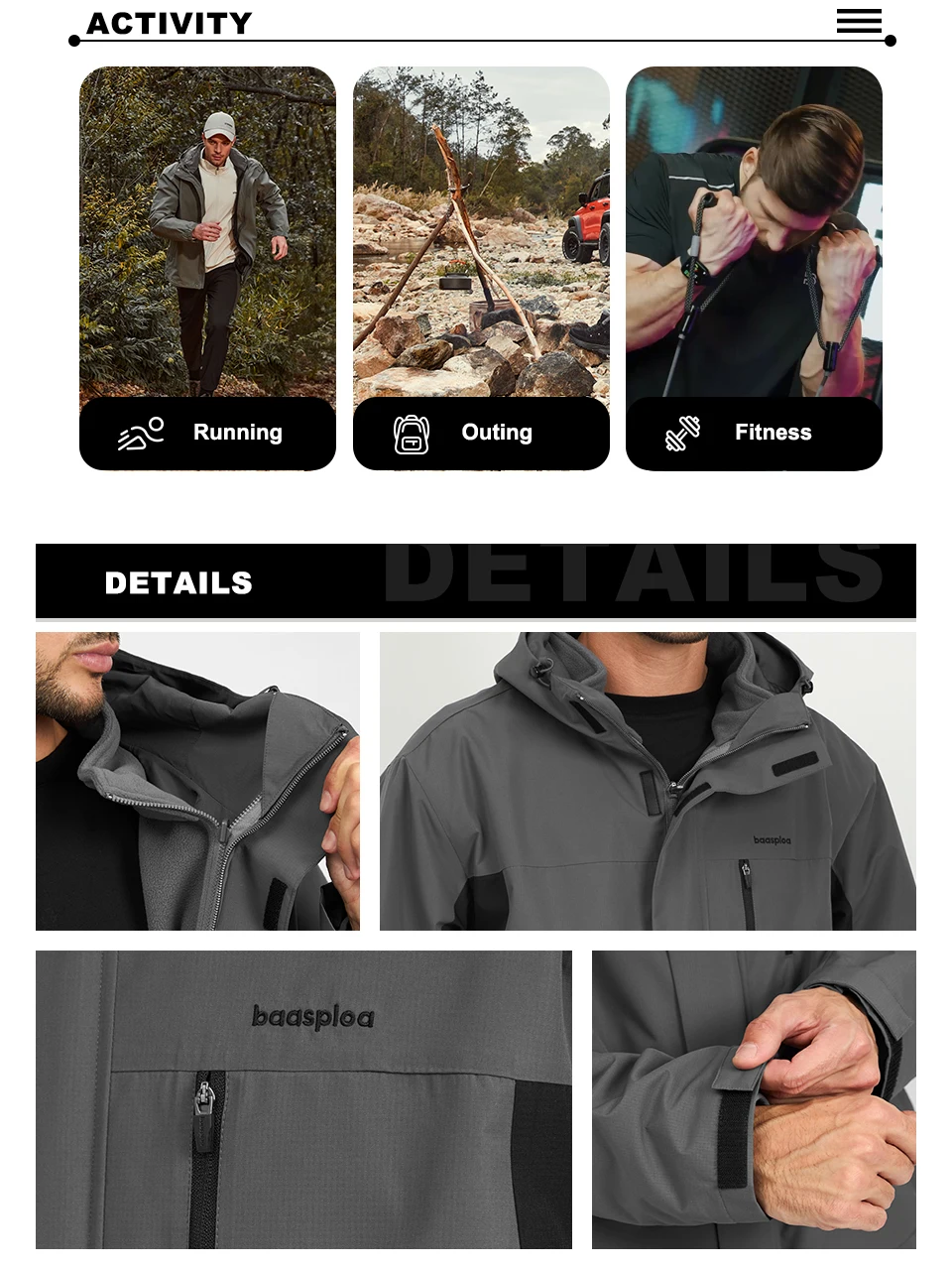 Description Picture 5 of itemBaasploa Men Jackets Windbreaker New Fashion Waterproof Woven Coats for Men Outdoor Comfort Hiking Casual Removable Two Clothes
