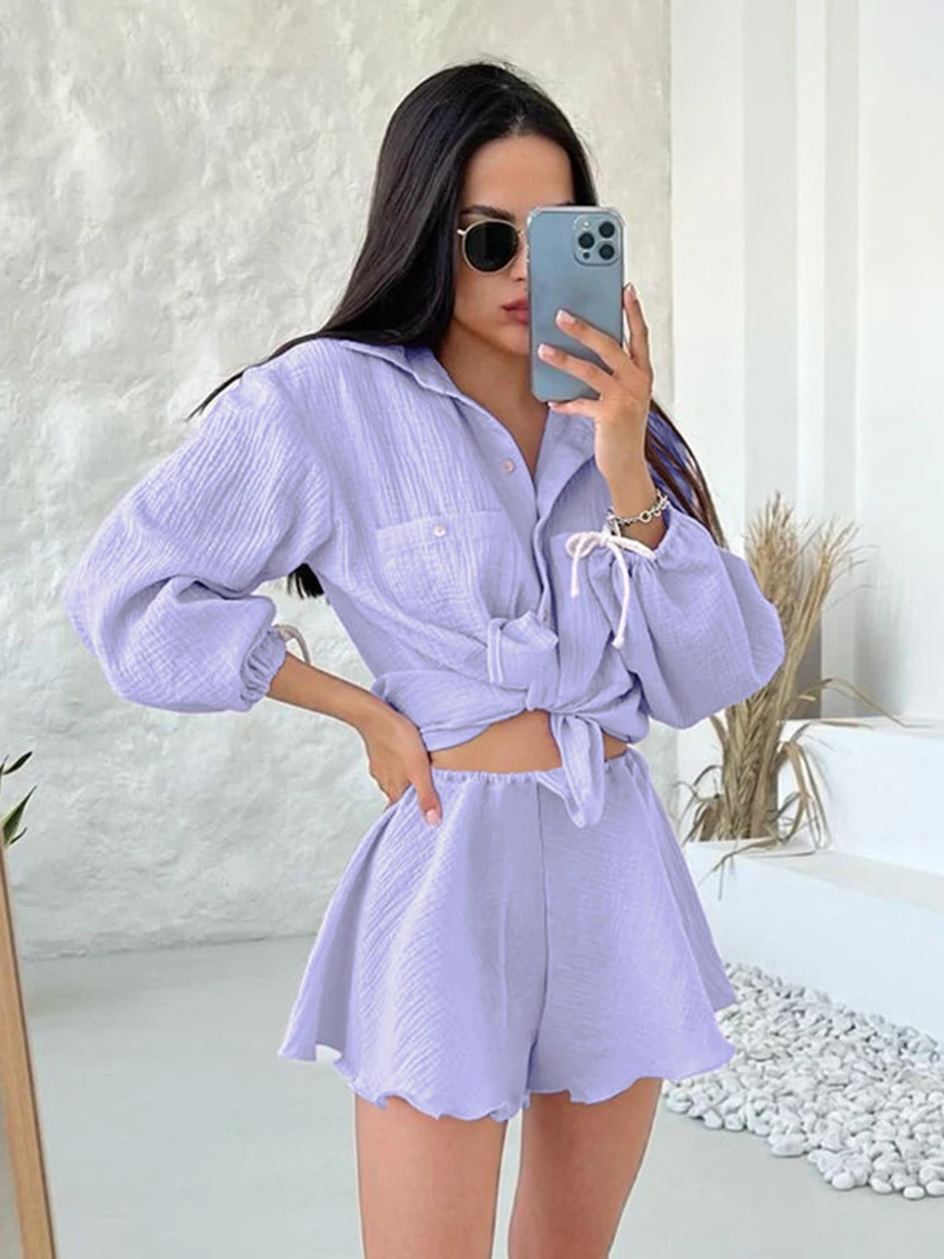 Marthaqiqi Cotton Ladies Pajamas Set Long Sleeve Nightgowns Turn-Down Collar Nightwear Shorts Casual Women Nightie 2 Piece Suit