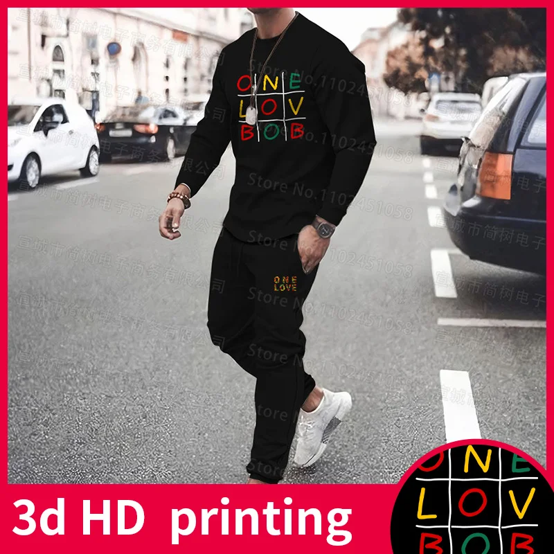 One Love 3D Printed Long Sleeve Suit Spring New Men's Trousers T-Shirt 2-Piece Black Fashion Street Casual Bob Marley Tracksuit