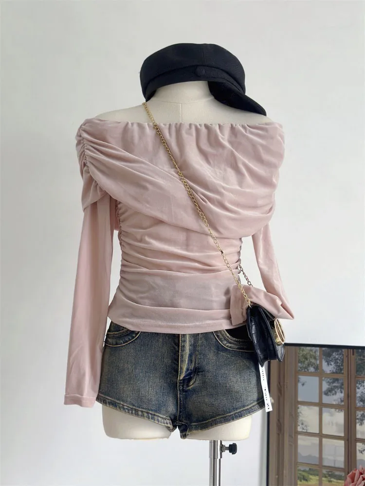 

Элегантный плиссированный вязаный свитер в Корейском стиле, уютный пикантный свитер с открытыми плечами, темпераментный вязаный свитер с милым дизайном