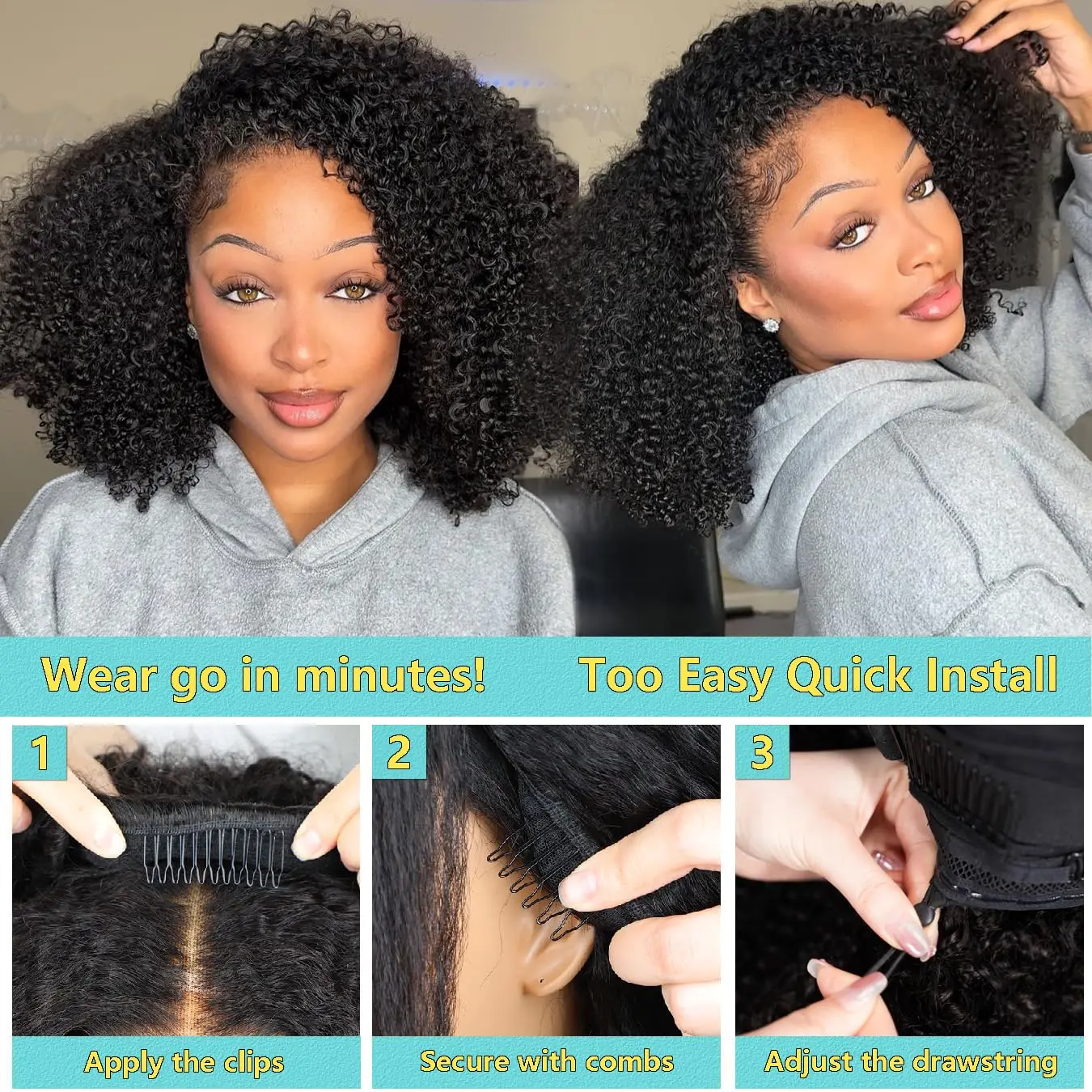 Upgrade 3 IN 1 Half Wig With Drawstring Seamless Clip Ins Flip Over Kinky Curly Wig 200% Density Curly Half Wigs for Women hair