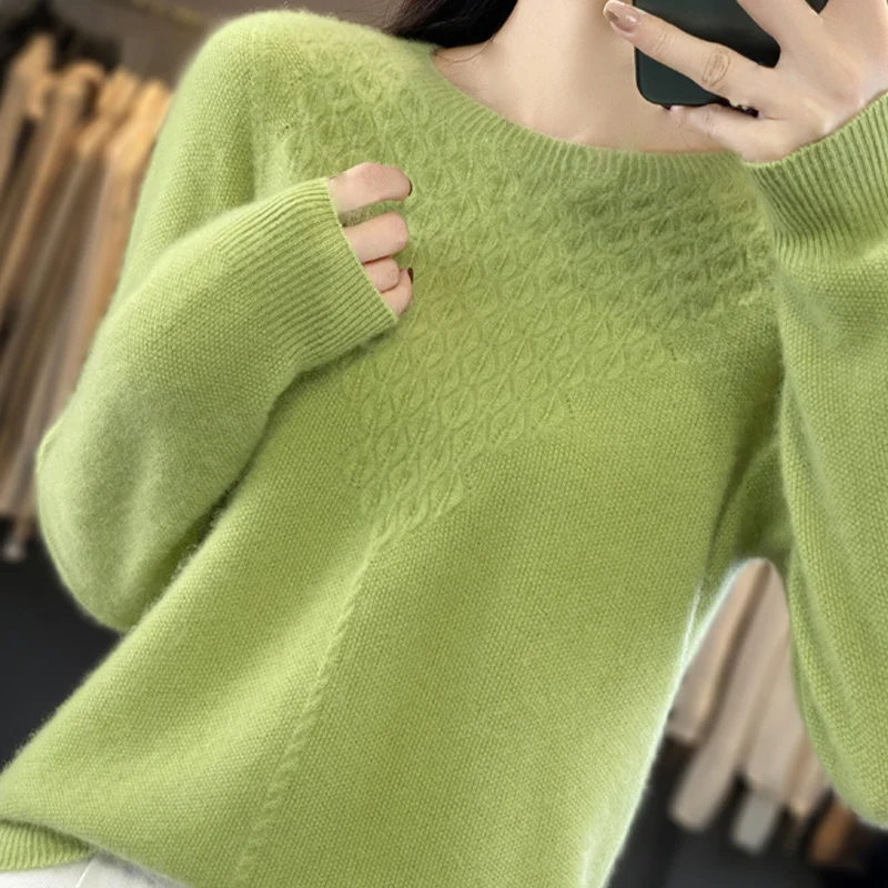 

100%Wool Women's Winter Sweater O-neck Solid Knit Loose Soft Under Shirt Autumn Long Sleeve Warm Soft Cashmere Pullover Jumper