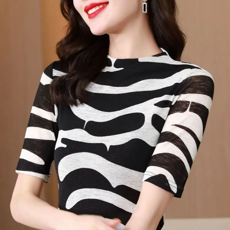 Fashion Stand Collar Printed All-match Gauze Blouse Women's Clothing 2024 Spring New Oversized Casual Pullovers Commute Shirt