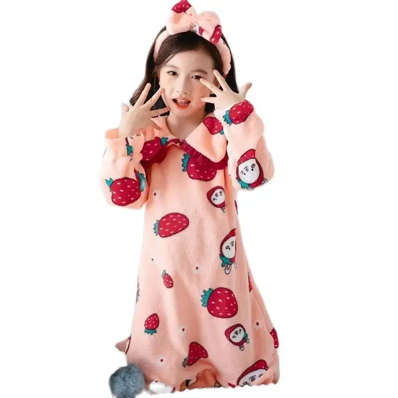 

Autumn Winter Long-sleeved Flannel Lace Princess Nightdress Coral Fleece Baby Home Service Baby Girl's Warm Nightdress Pajamas