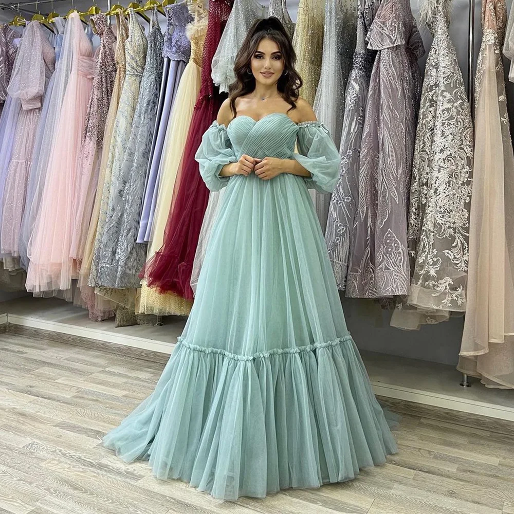 

Sevintage Mint Green Prom Dresses Sweetheart Puff Sleeves Pleat Ruched A-Line Saudi Arabic Evening Gowns Formal Party Dress