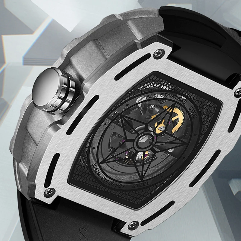 Casual Hollow Automatic Man Watch Tourbillon Water Resistant Mechanical Men's Watches Fashion Tonneau montre homme Dropshipping
