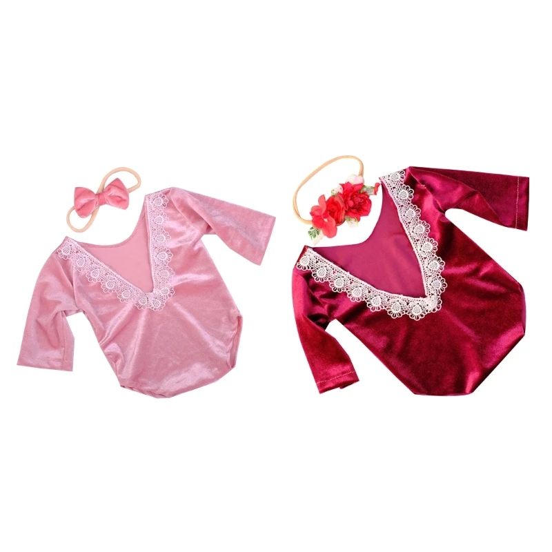 

Newborns Photoshooting Props Headwear & Lace Romper Posing Clothes Shower Gift G99C