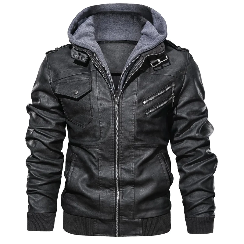 Men's Leather Jacket Motorcycle Armor Hooded PU Coats Tops Autumn Winter Fashion Streetwear Men's Clothing Detachable Cap S-XXXL