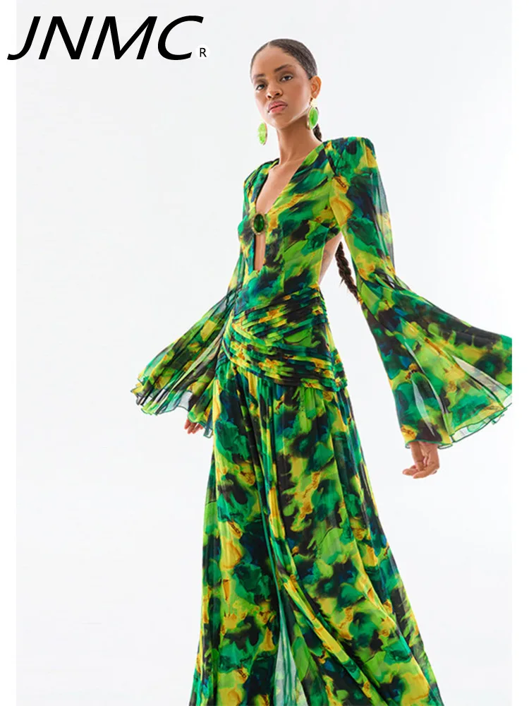 

Женское зеленое Цветочное платье JNMC, длинное платье с V-образным вырезом и открытыми штанинами Rhinstone, Длинные праздничные пляжные платья на выход