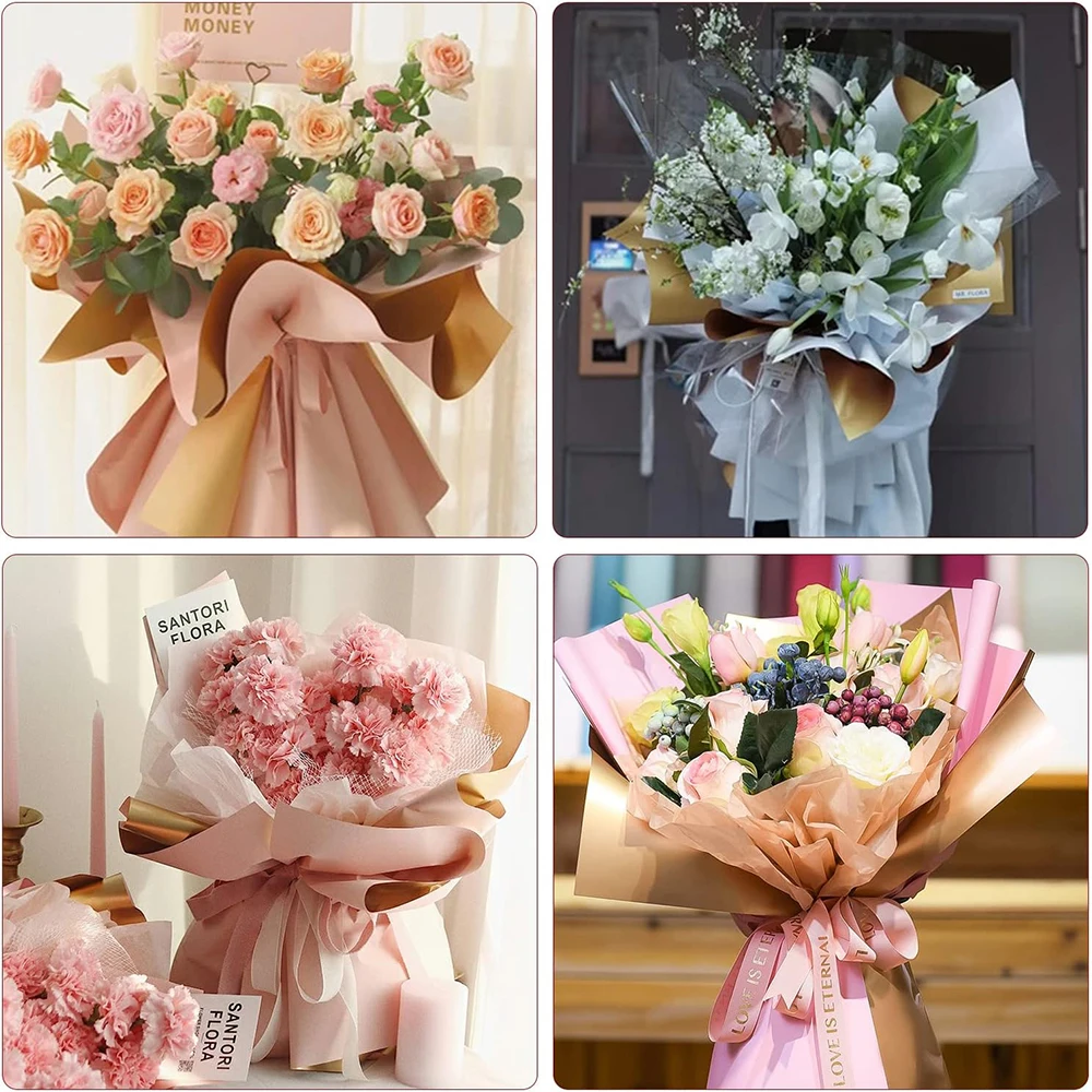 Double Sided Gold Edge Floral Flower Wrapping Paper Florist Bouquet Waterproof Packing for Wedding Mothers Day Birthday DIY Gift