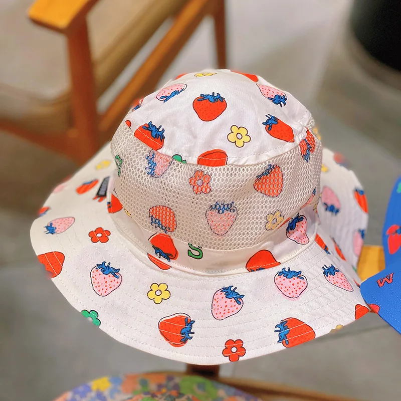 Baby Hat Kids Sun Hat Kids Bucket Hat Cute Strawberry Flower Print Baby Hat Summer Mesh Breathable Kids Girls Bucket Hat Outdoor Travel Children Panama Fisherman Cap