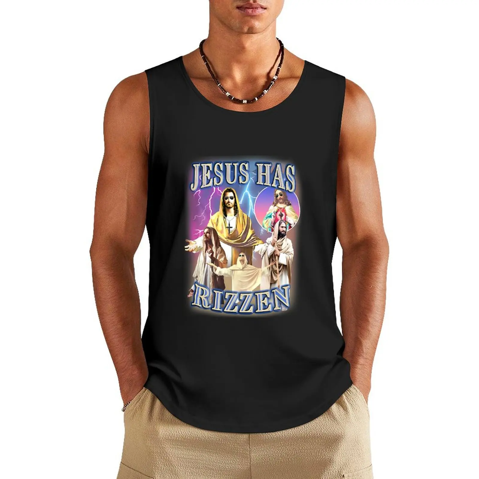 

Jesus Has Rizzen Tank Top Men's clothing brands training weight vest Men's summer clothes