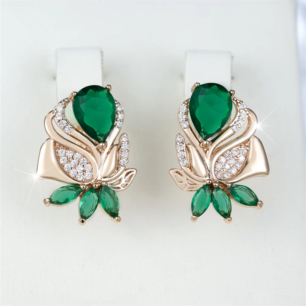 Green Zircon Water Drop Stone Cute Flower Hoop Earrings For Women Vintage Gold Color Ear Buckle Wedding Jewelry Engagement Gifts