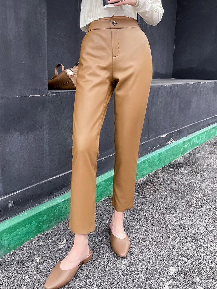 Women's Genuine Leather Pants, Ankle Length Pencil Pants, Elastic Waist Sheepskin Pants, Casual Leather Pants