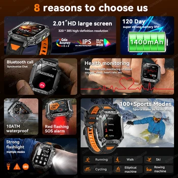 Alternative view of 2026 Outdoors Durable Men Sports Smart Watch 1400mAh Battery LED Flashlight IP69K Waterproof Bluetooth Call Military Smartwatchs