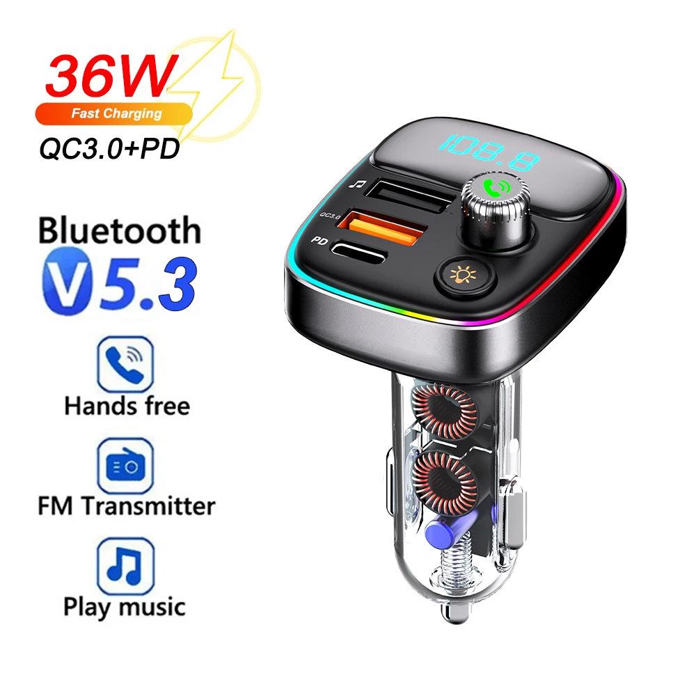 Bluetooth 5.3 Transmissor FM para carro, Handsfree, Modulador de rádio, MP3 Player, 36W, PD QC 3.0, Adaptador de carga rápida, Luzes coloridas
