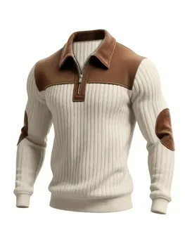 Nuovo Arrivo Maglione Polo da Uomo con Collo in Velluto a Coste, Maniche Lunghe a Costine, Mezza Zip, Blocchi di Colore e Patch sui Gomiti, Casual