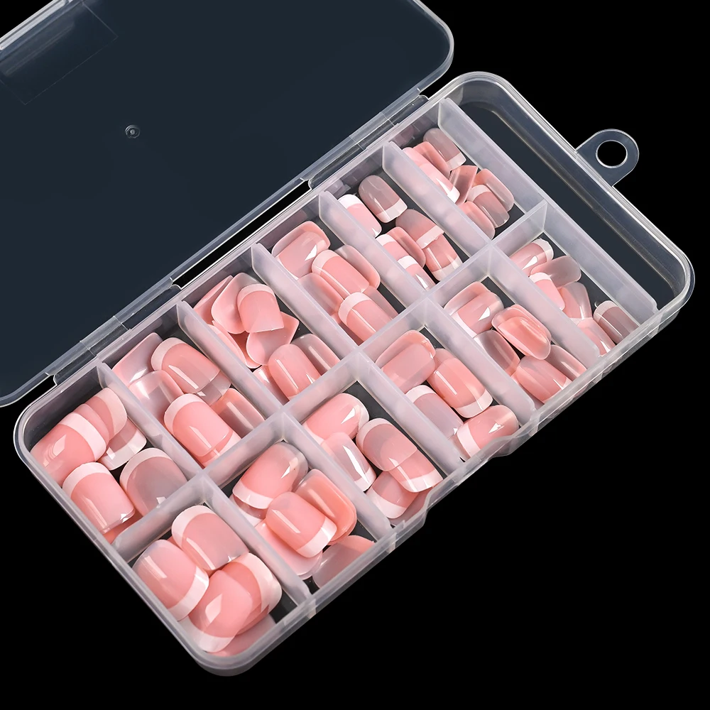 120 Stück rosa kurze quadratische Nägel zum Aufdrücken, glänzend weiß, französische Kunstnägel, wiederverwendbar, vollständige Abdeckung, halbdurchscheinend, rosa französische Nagelspitze – Detail 3