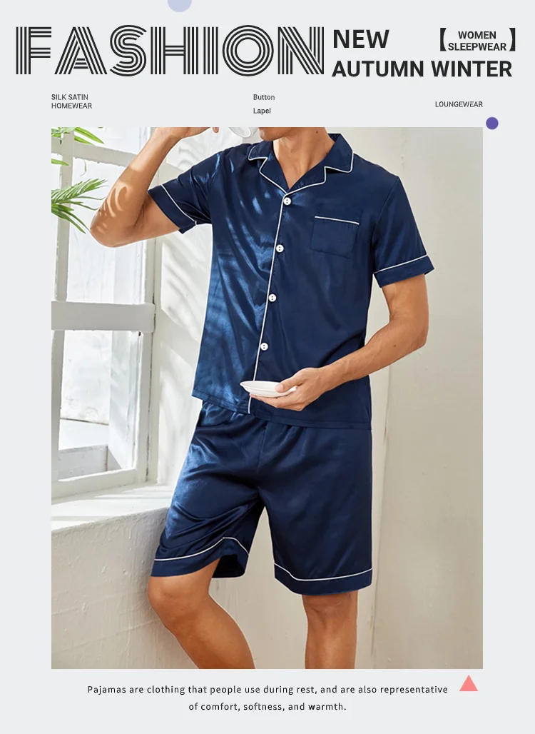Zweiteiliges Herren-Pyjama-Set aus Satin, lässig, bequem, Pyjama, Knopftasche, kurzärmliges Hemd mit Shorts, Pyjama-Nachtwäsche für Herren – Detail 1