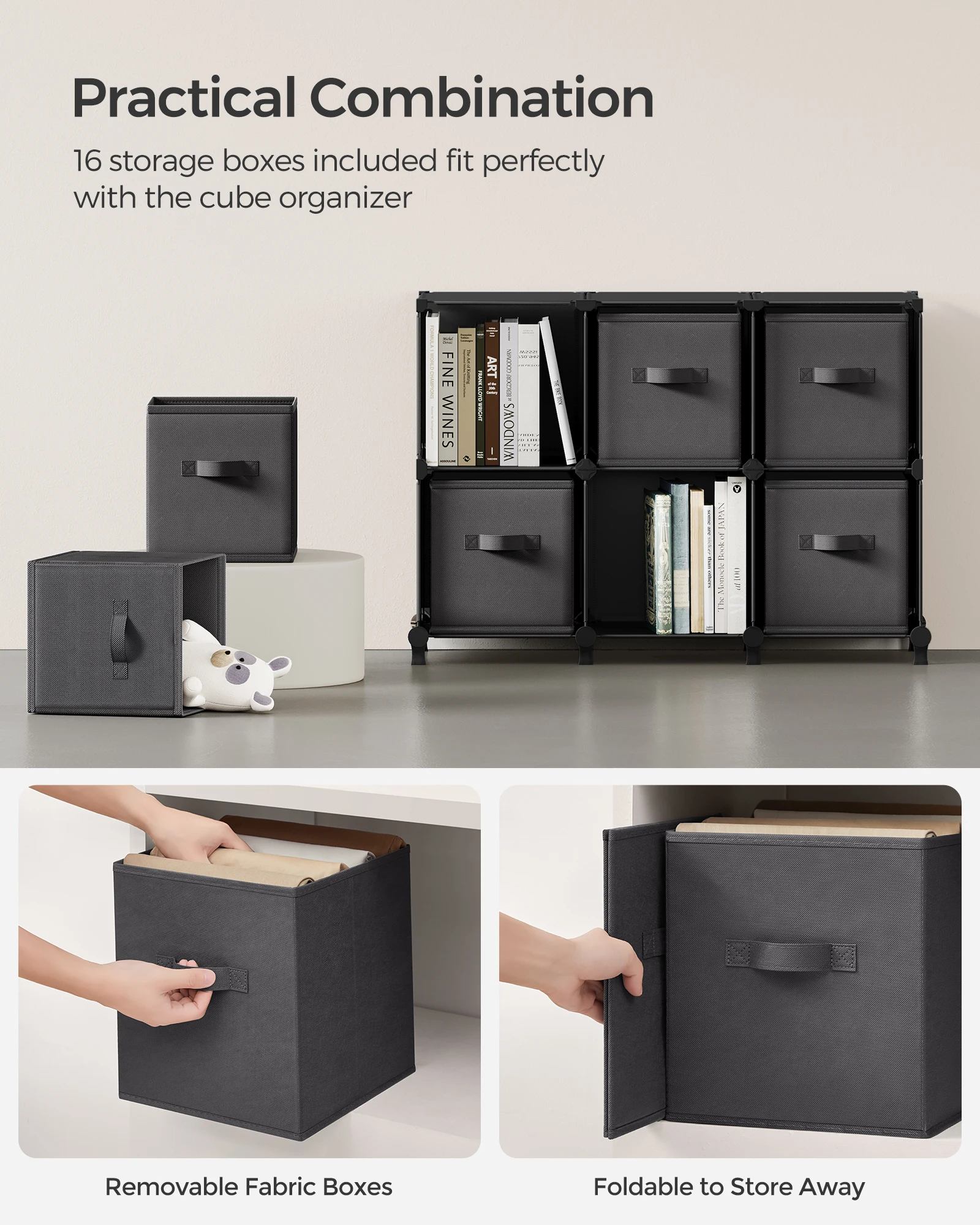 SONGMICS Cube Storage Organizer with Storage Boxes, Set of 16-Cube Organizer, 16 Collapsible Non-Woven Fabric Bins, Customizable 4