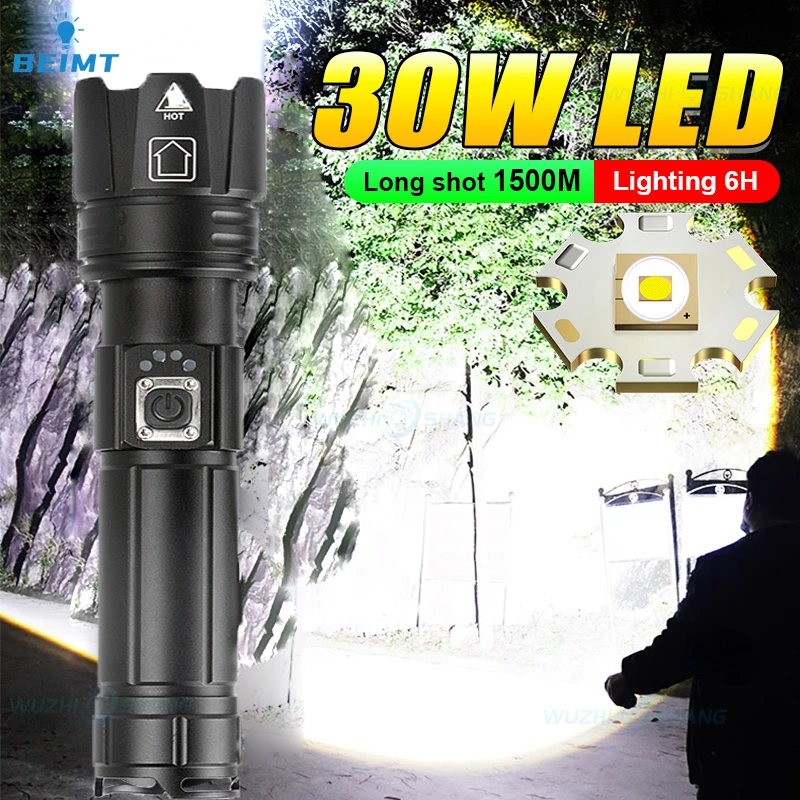 

2024 Newest USB Rechargeable Flashlights 30W LED Super Bright Outdoor Waterproof Torch High Power Zoom Fishing Tactical Lanterns