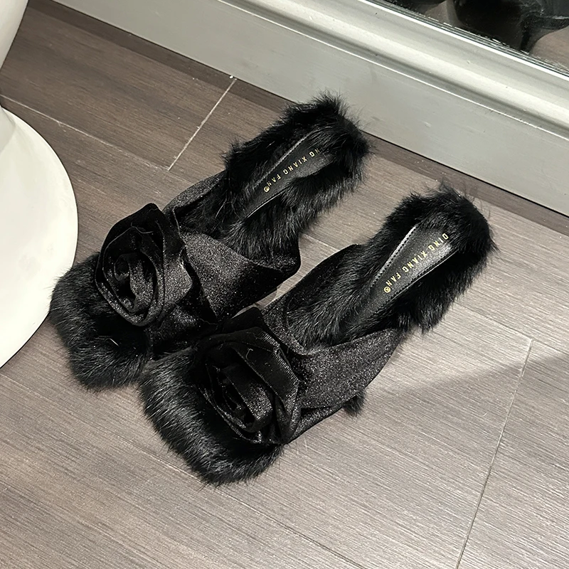 ZOOKERLIN Square Toe Rabbit Hair Women Slippers Shoes Solid Color Thin High Heel Autumn Soft Fur Stiletto Slip On Slides Pumps
