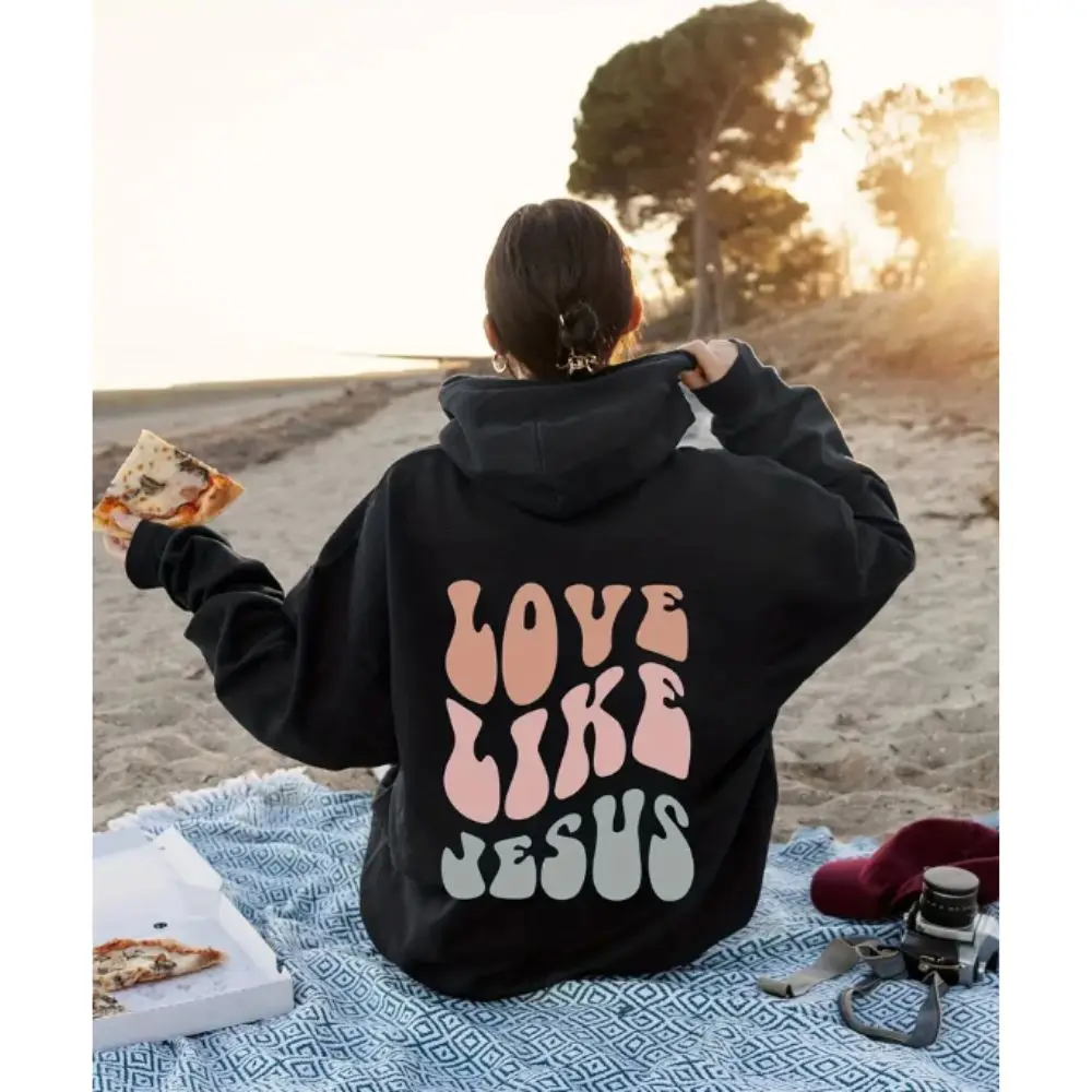 Love Like Jesus Print Hoodie Kangaroo Pocket Casual Sweatshirt Long Sleeve Drawstring Hoodies Women's Clothing Sports Pullover