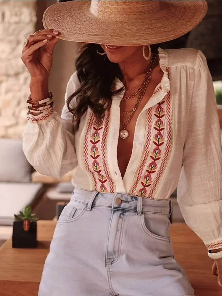 New Fashion Ladies 2025 Retro Embroidered Long Sleeve Shirt Elegant O Neck Lace Cardigan Single-breasted Lantern Sleeve Blouse