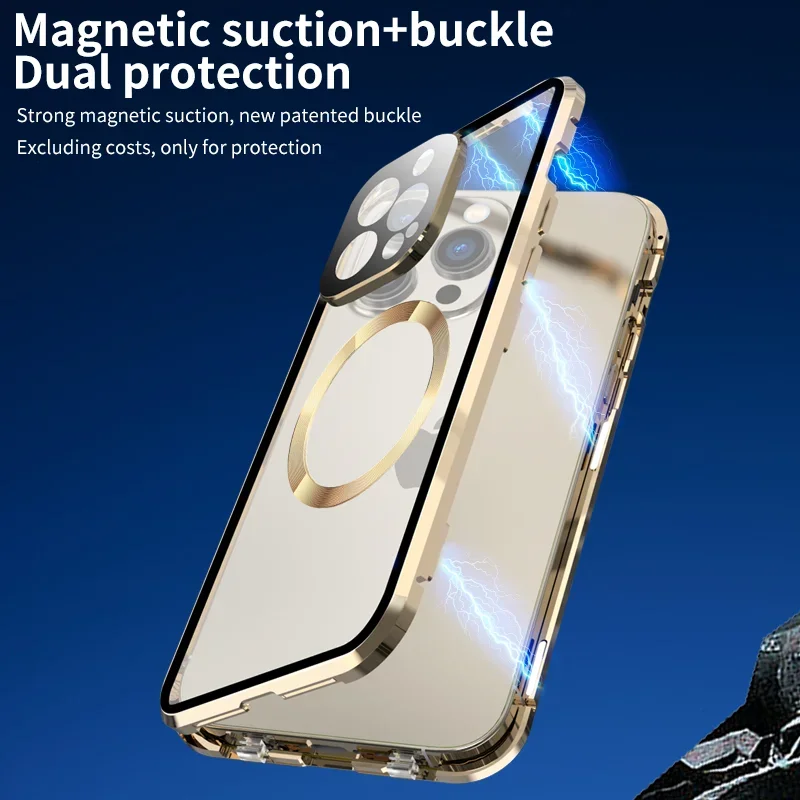 Двойная защита объектива с блокировкой для iPhone 15 13 14 Pro Max glass plus задняя панель ПК двусторонний Магнитный чехол для телефона с беспроводной зарядкой