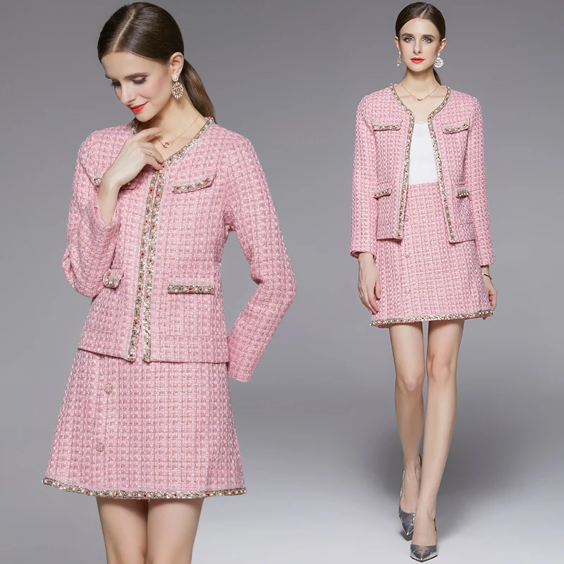 

High Quality Autumn Vintage Tweed Two Piece Set Women Fashion Temperament Short Tops+Skirts Set Female Casual Office Clothing