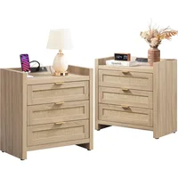 Rattan Nightstands  Bedside Table- Larger Night Stand with Type-C Charging Station,3 Drawers Storage - Boho Night Stands 1