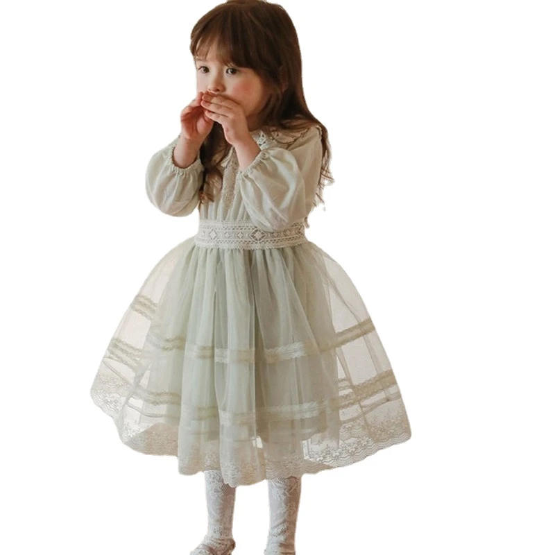 New Spring Baby Long Puff Sleeves Dress 2-11Y Child Girls Lace Turn-down Collar Princess Dresses Children Mesh Dress CL540 baby dresses