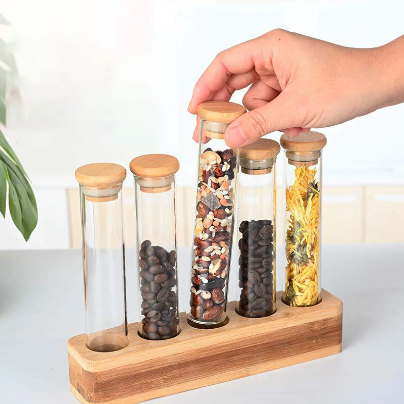 Vertical Multi-functional Sealed Tank Bar Decoration Coffee Bean Display Rack Wooden Frame Bamboo Tray Storage Glass Storage Box 4