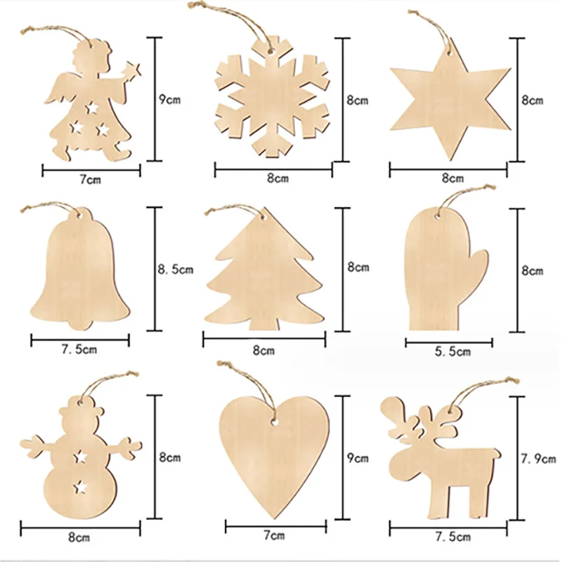 10PCS Christmas Crafts Unfinished Wooden Christmas Ornaments Xmas Tree Snowflake Wood Slices Crafts with Jute Rope for DIY Craft