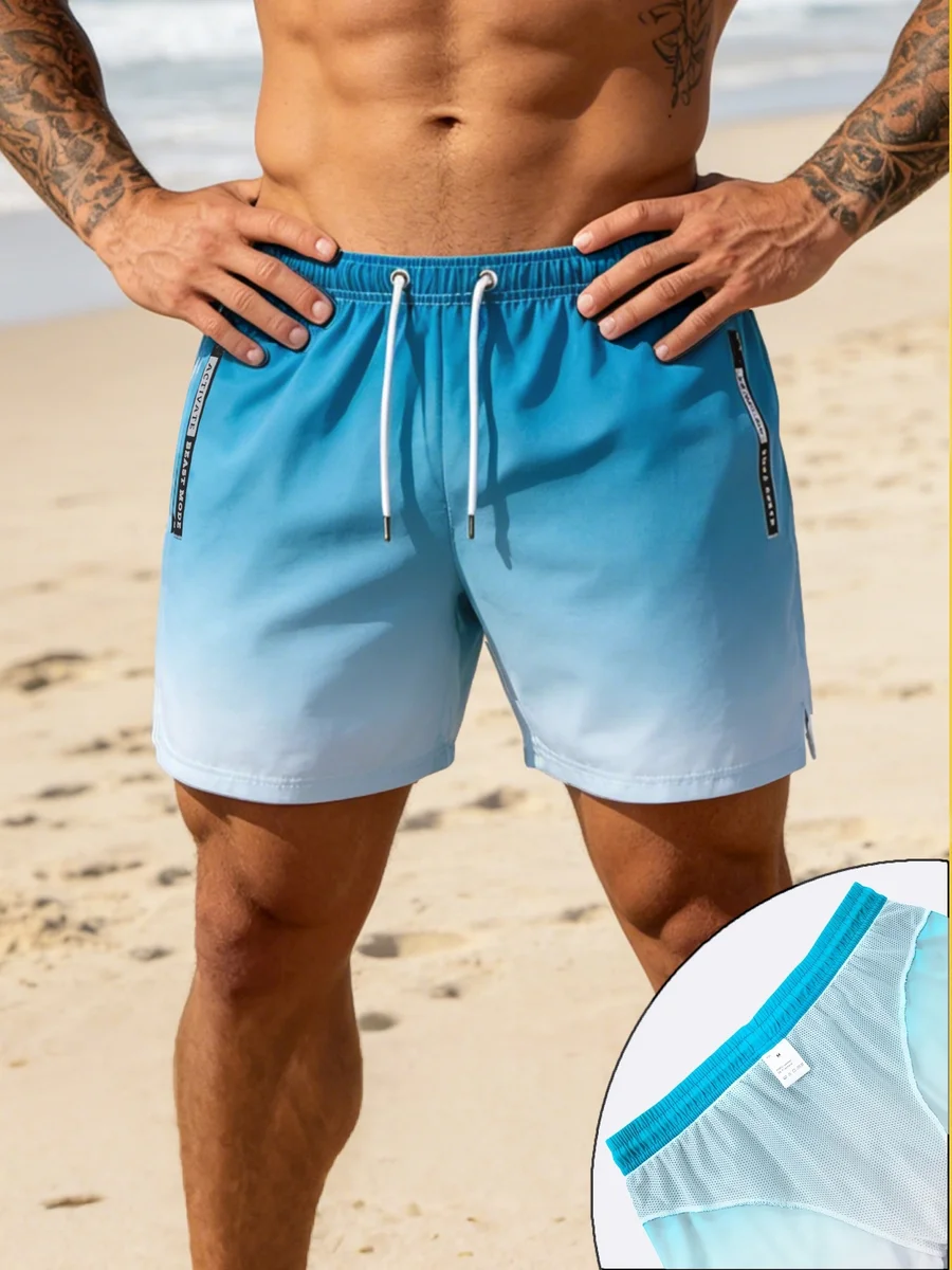 Mens Blue Orange Gradient Color Quick Dry Board Shorts Elastic Drawstring Swim Trunks Summer Beach Casual Outfit